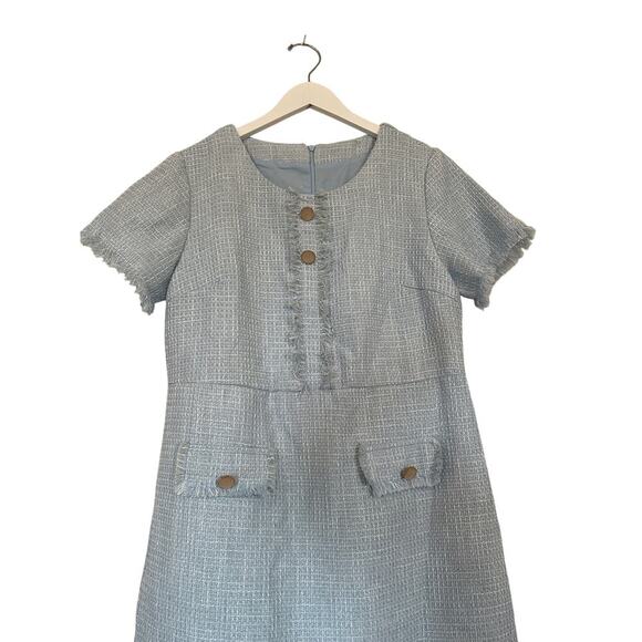 Medium Light Powder Blue Unique Tweed Mini Shift Office Siren Dress Classic Work - Picture 4 of 13